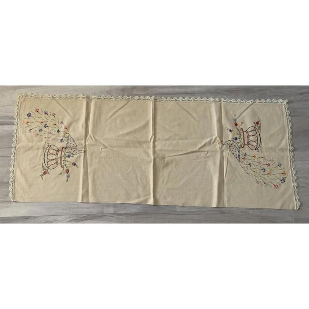 vtg hand embroidered Table Runner Dresser Scarf Peacock